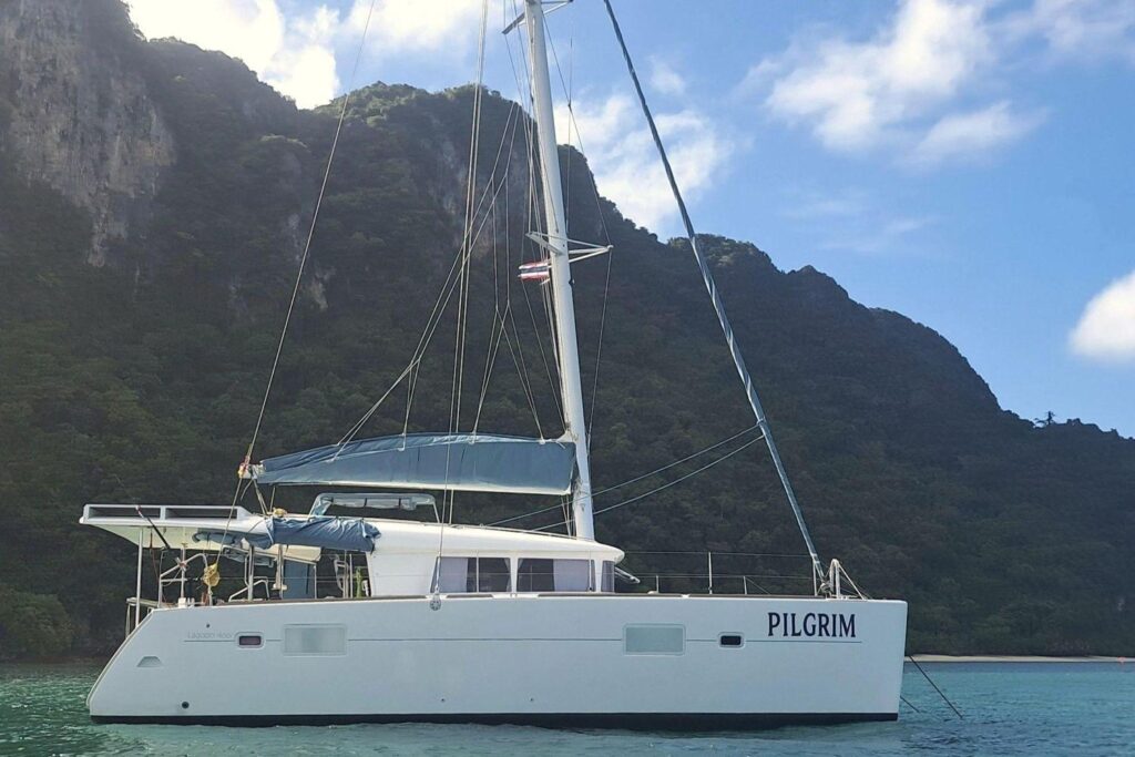 2012 Lagoon 400 catamaran "Pilgrim" anchored near lush