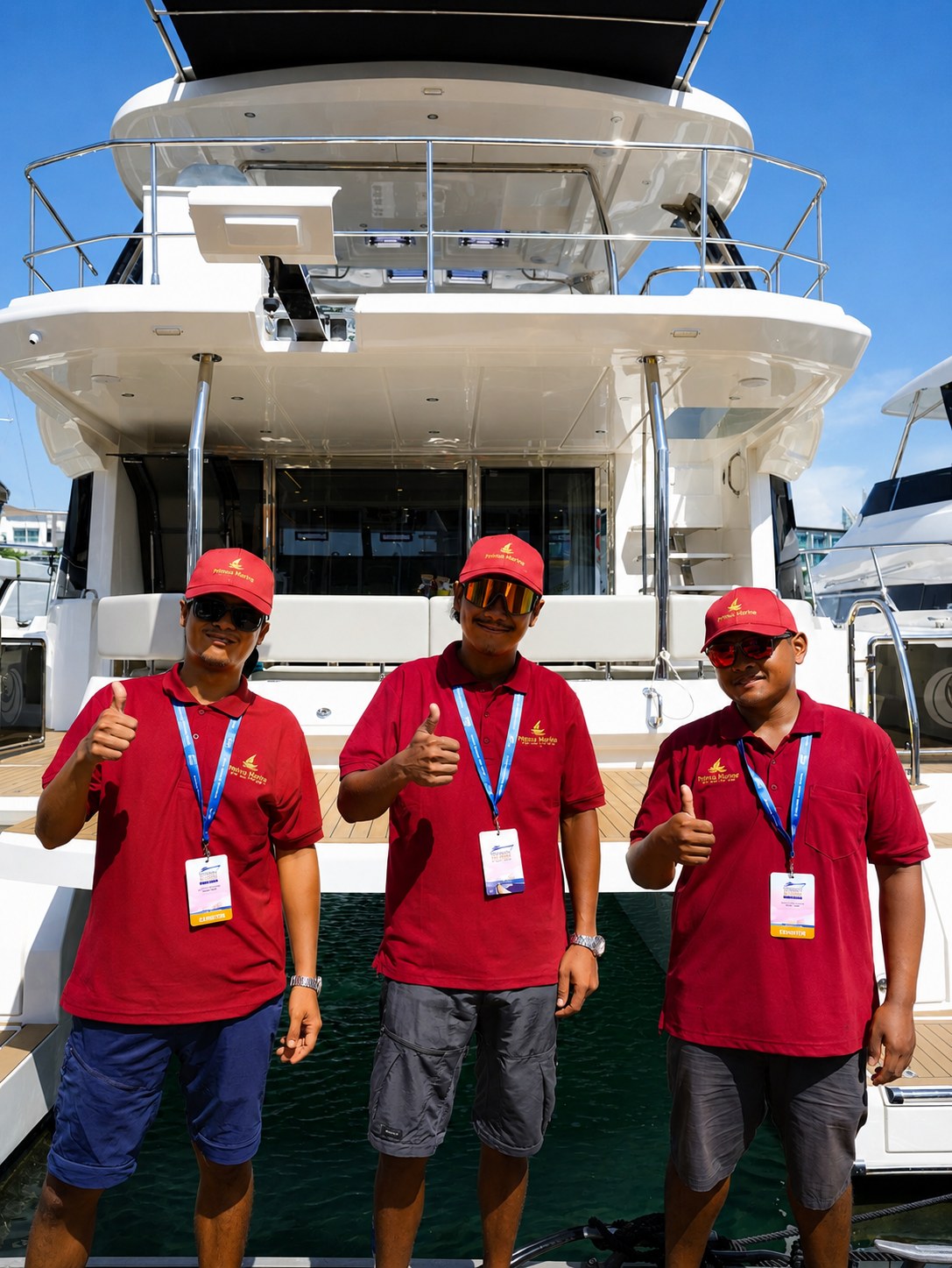Primus Marine crew in front of a motor yacht